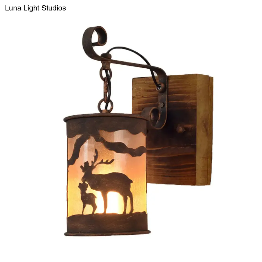 Rustic Metal Wall Mounted Lamp - Cylinder Industrial Sconce Light with Wood Backplate