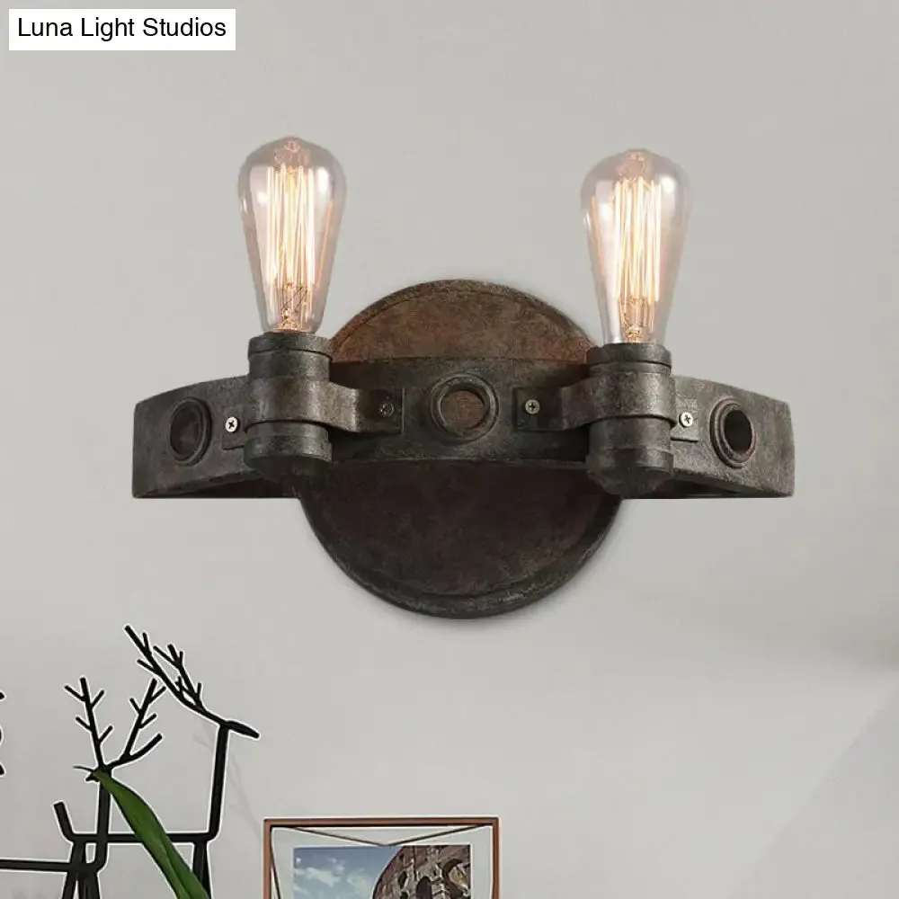 Rustic Wrought Iron Wall Sconce Light - Exposed Bulb, 2 Lights - Farmhouse Style for Restaurants