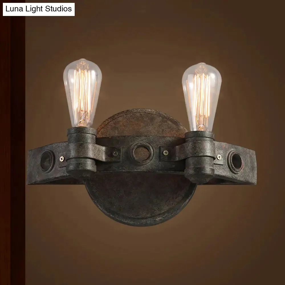 Rustic Wrought Iron Wall Sconce Light - Exposed Bulb, 2 Lights - Farmhouse Style for Restaurants