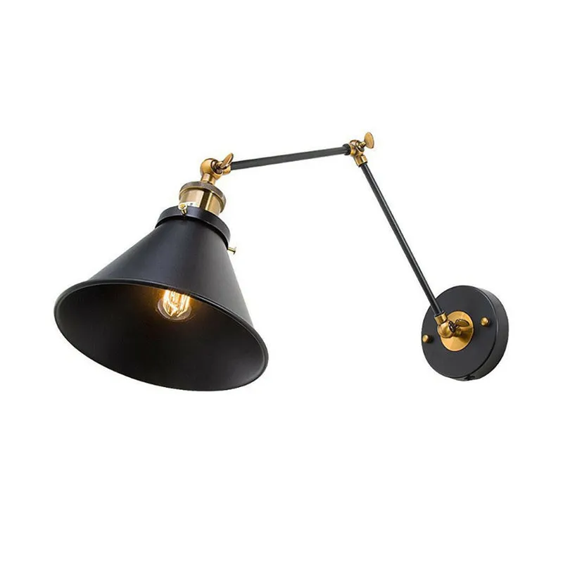 Swing Arm Wall Lamp with Iron Black Finish and Industrial Style - Roll-Edge Conical Shade, Single Plug/Plug-less Option