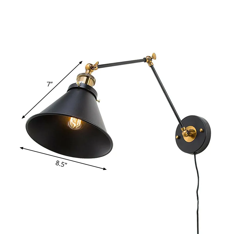 Swing Arm Wall Lamp with Iron Black Finish and Industrial Style - Roll-Edge Conical Shade, Single Plug/Plug-less Option