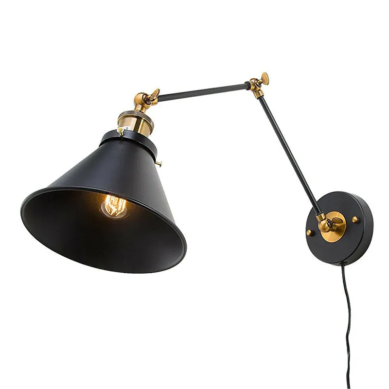 Swing Arm Wall Lamp with Iron Black Finish and Industrial Style - Roll-Edge Conical Shade, Single Plug/Plug-less Option