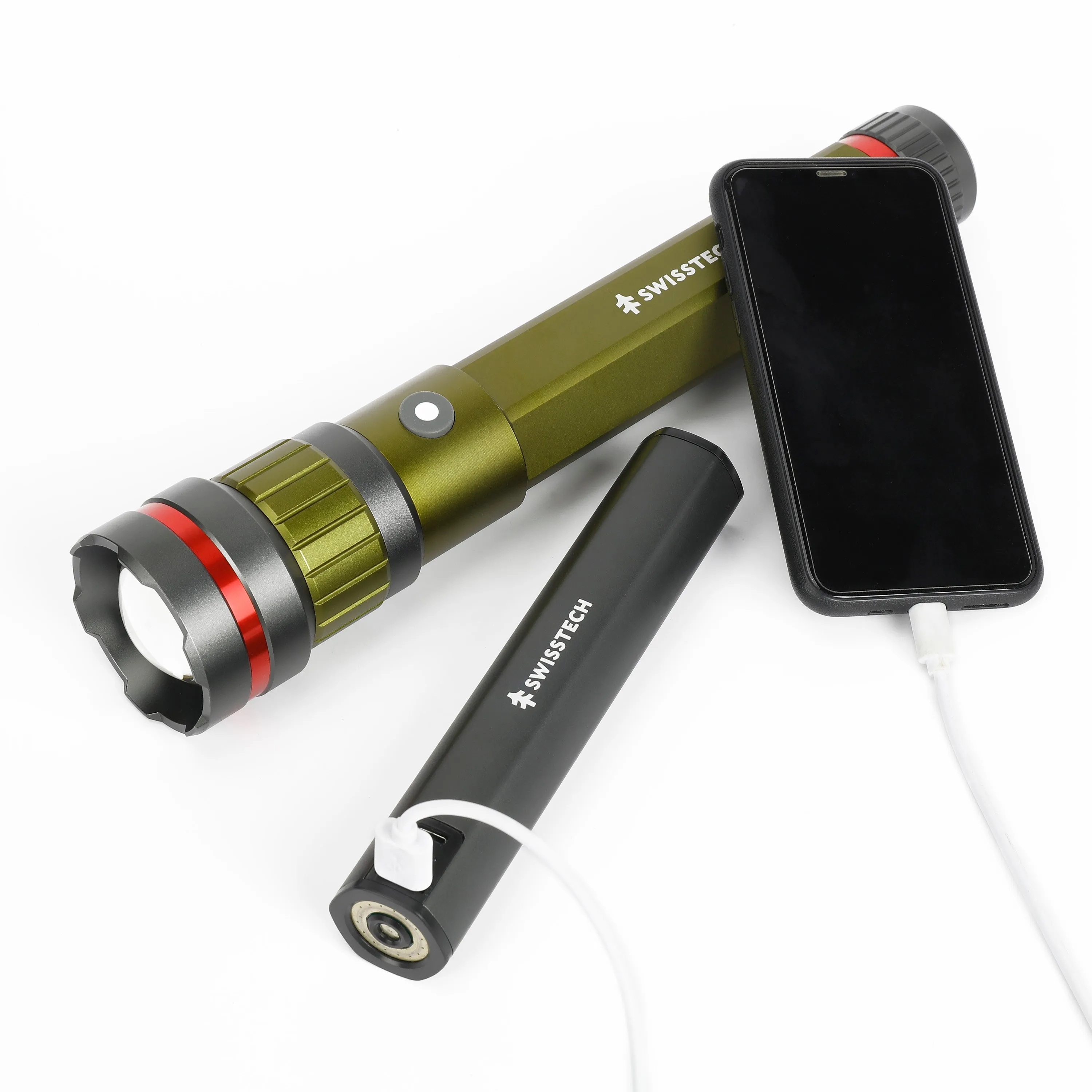 Swiss Tech 6500 Lumen LED Flashlight Rechargeable Dual Power AA/USB with Charging Bank, IP67 Waterproof, Drop Resistant