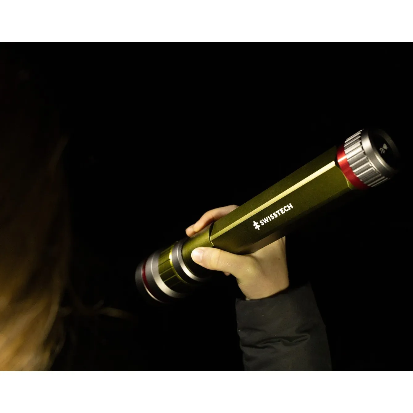 Swiss Tech 6500 Lumen LED Flashlight Rechargeable Dual Power AA/USB with Charging Bank, IP67 Waterproof, Drop Resistant