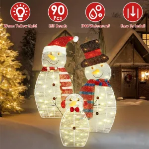 valiant 3Pcs Outdoor Lighted Snowman Family, 2D Christmas Snowman Yard Decoration, 60Pcs LED Warm Yellow Lights IP44 Waterproof for Christmas Holiday Display, USB Plug Battery Supply Battery Supply